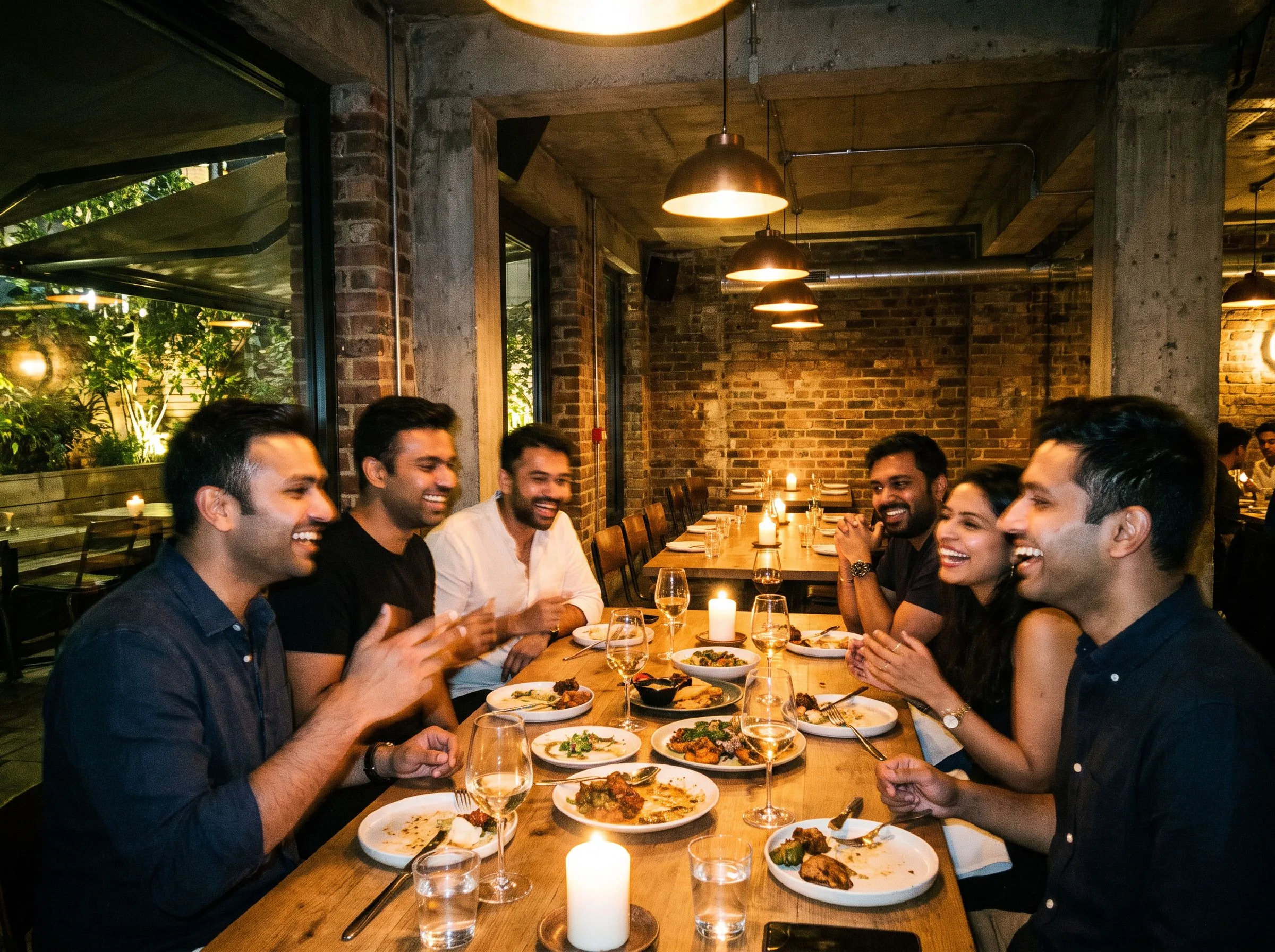 A long chef's-table dinner at a dim supper club