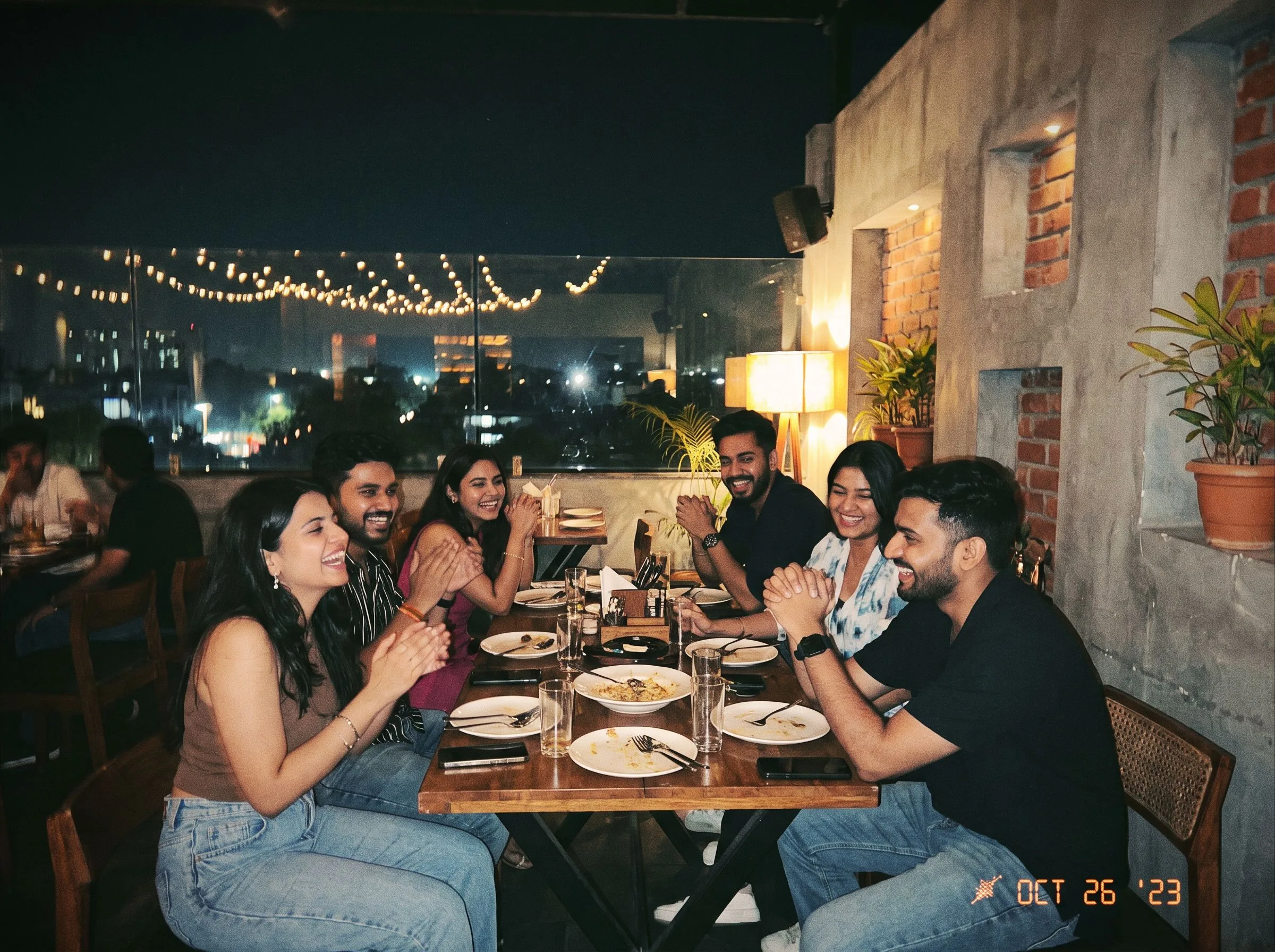 Friends mid-laugh at a rooftop